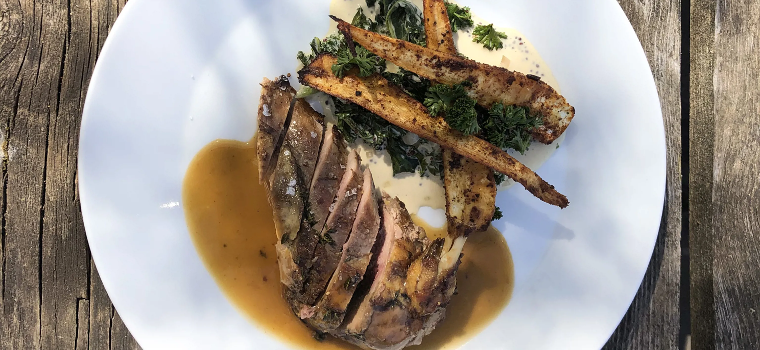 Pheasant with mustard stewed kale & baked parsnips