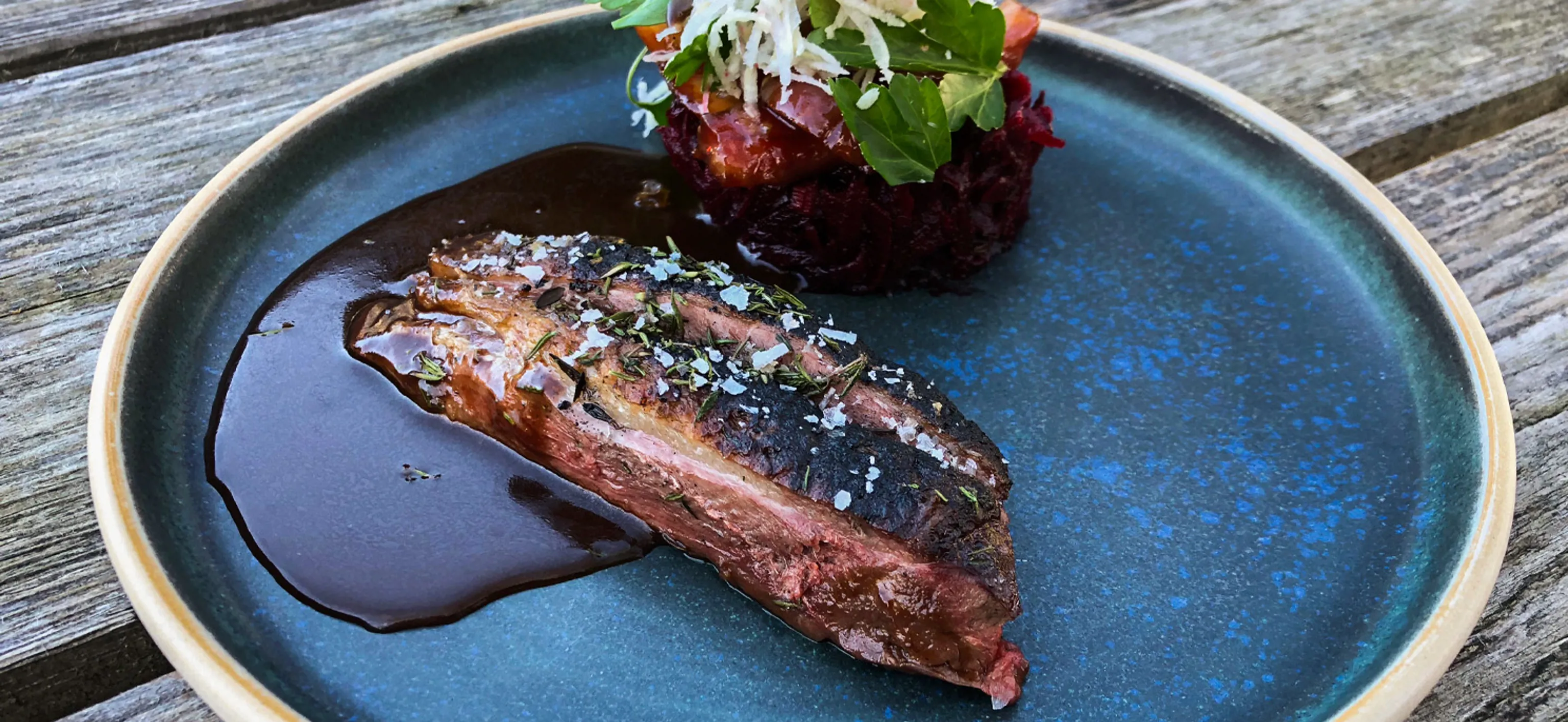 Seasoned wild duck with vingear pork & thyme-pickled beets